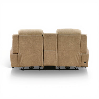 Sand power console loveseat with three back cushions and upholstered center panel
