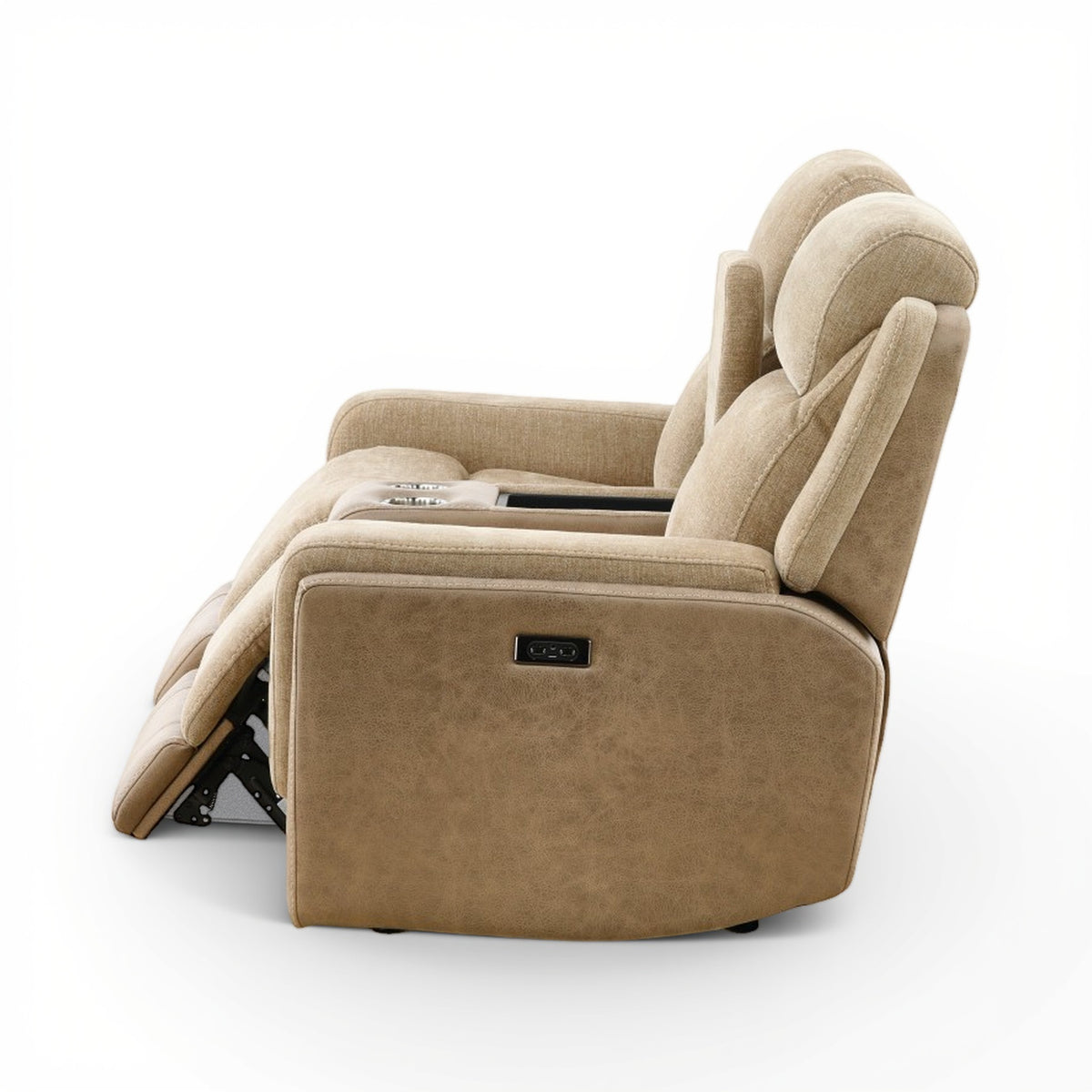 Sand power console loveseat reclined view with padded headrest and footrest