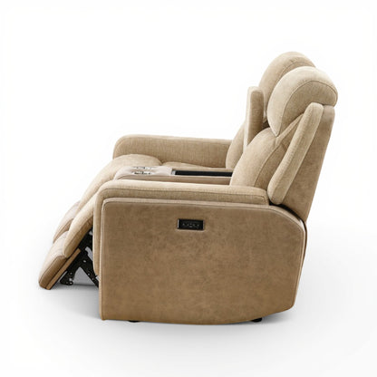 Sand power console loveseat reclined view with padded headrest and footrest