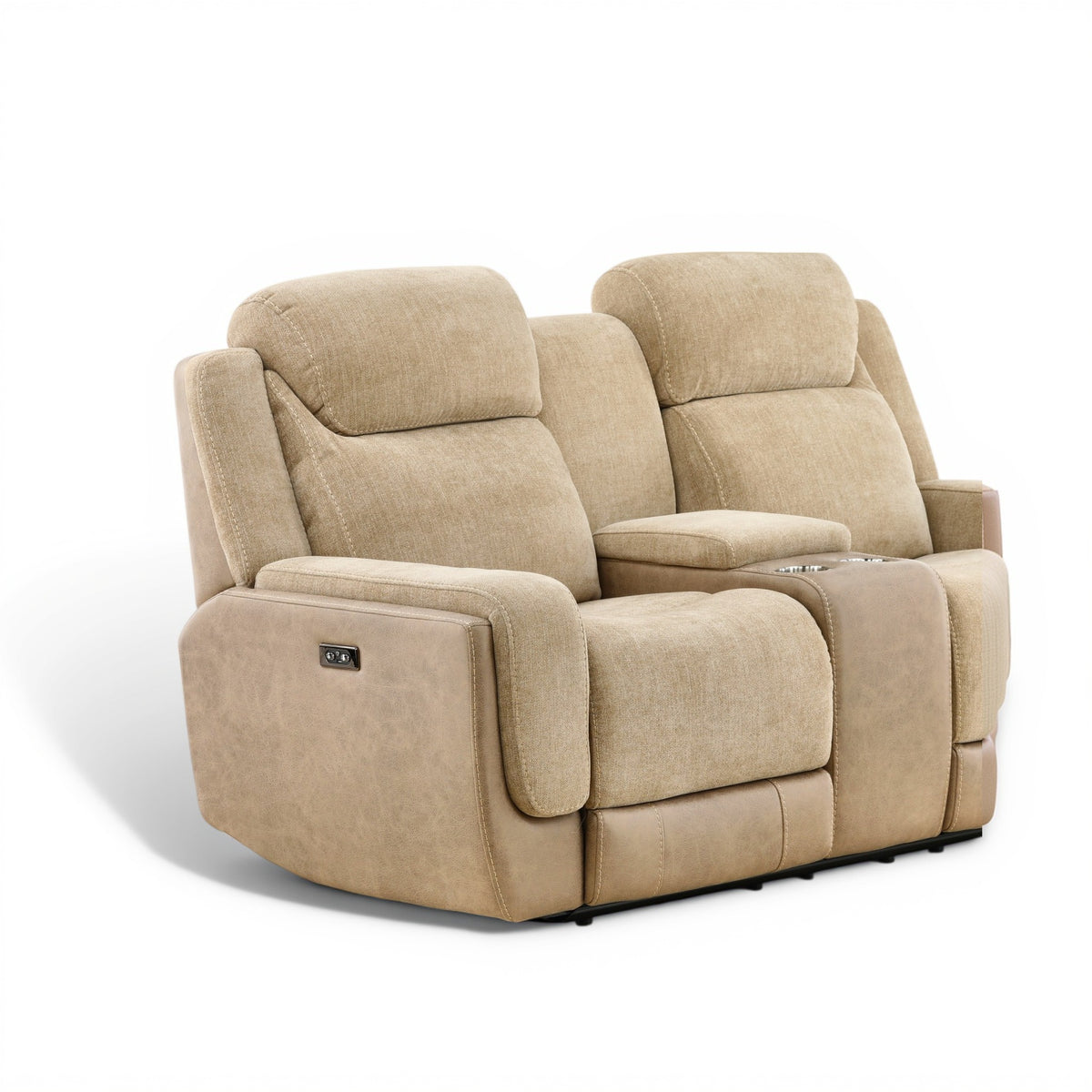 Sand upholstered power console loveseat recliner with wide arms and back cushions