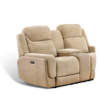 Sand upholstered power console loveseat recliner with wide arms and back cushions