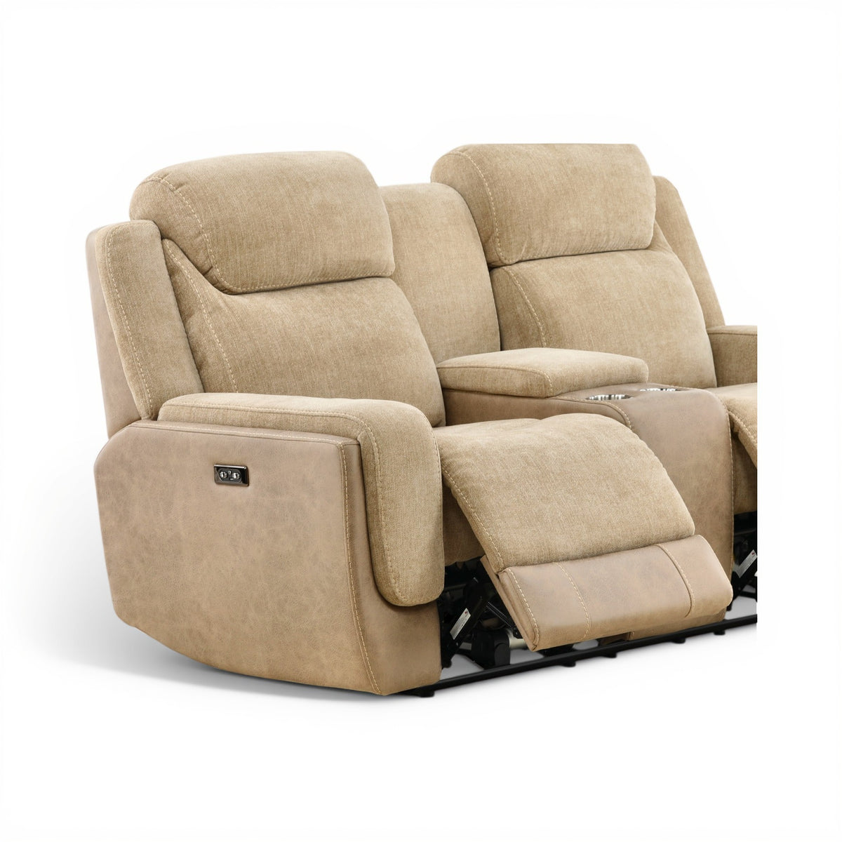 Sand power console loveseat recliner with console area and open extended footrest