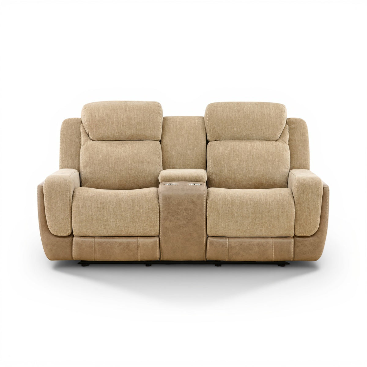 Sand power console loveseat with padded armrests and tufted back cushions, center console open.