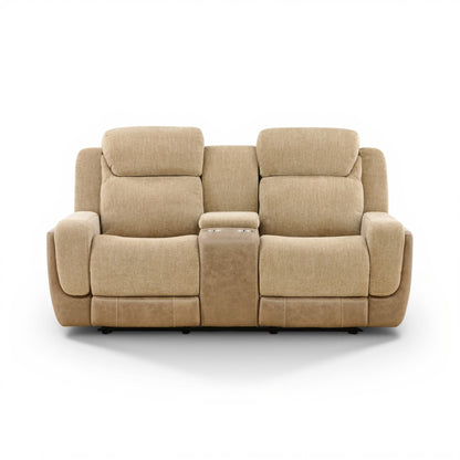 Sand power console loveseat with padded armrests and tufted back cushions, center console open.