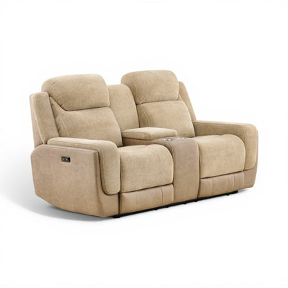 Sand power console loveseat in reclining position, side view with power control panel on armrest.