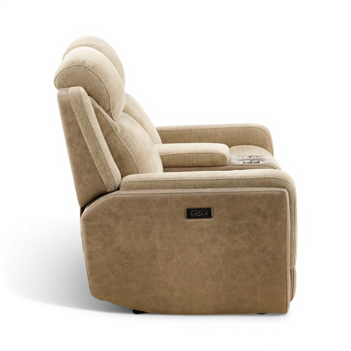 Sand power console loveseat, three-quarter view with reclined seat and arm power switch on side.