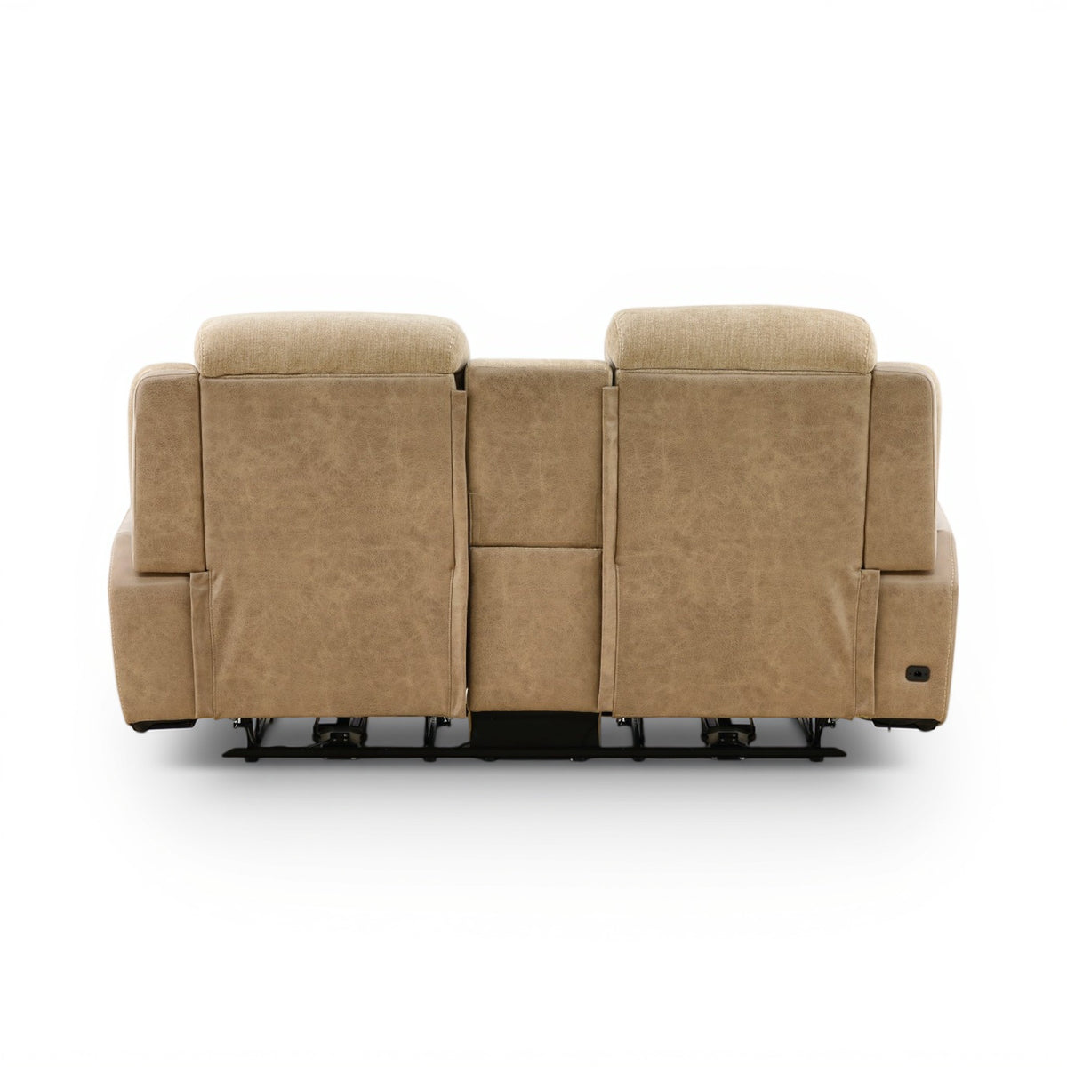 Sand power console loveseat, rear view with three seat backs and low-profile legs.