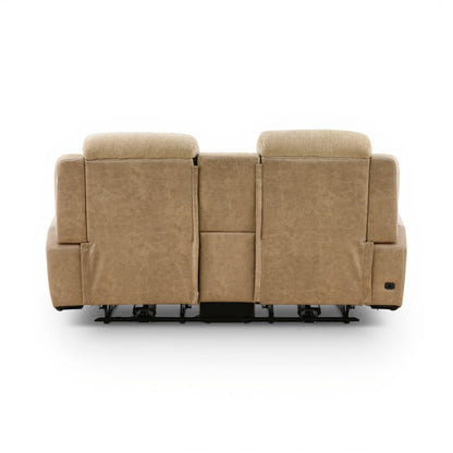 Sand power console loveseat, rear view with three seat backs and low-profile legs.