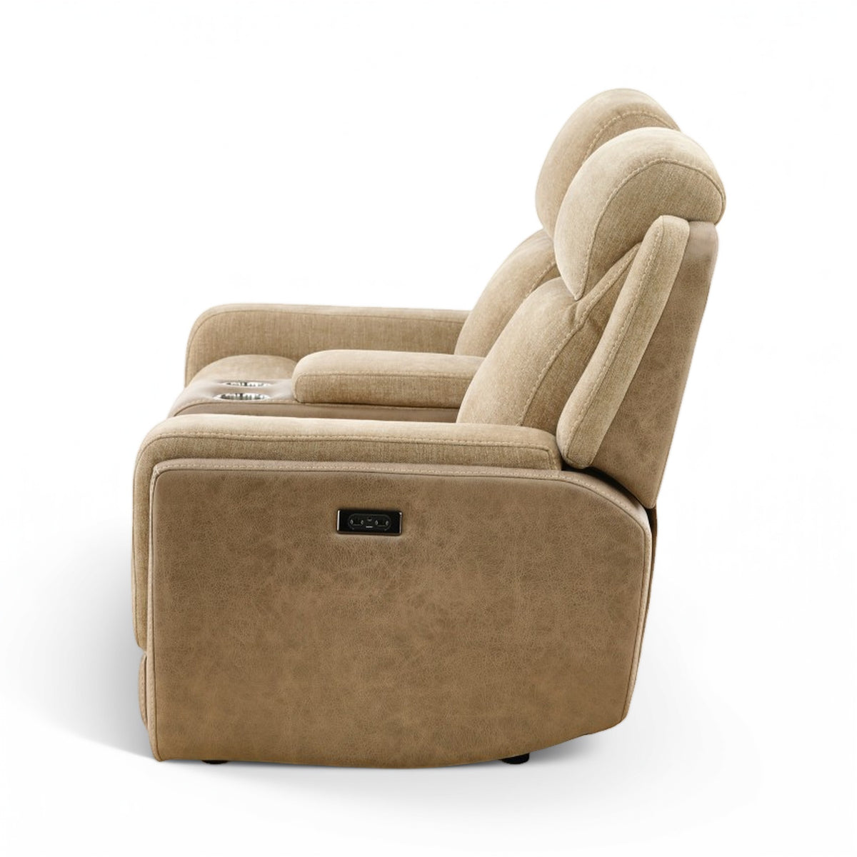 Sand power console loveseat, front three-quarter view with reclined back and cushioned footrest.