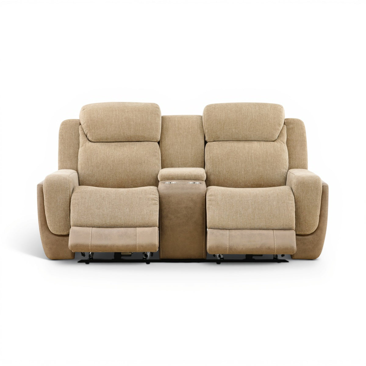 Sand power console loveseat with center console and multiple padded recline sections, straight-on view.