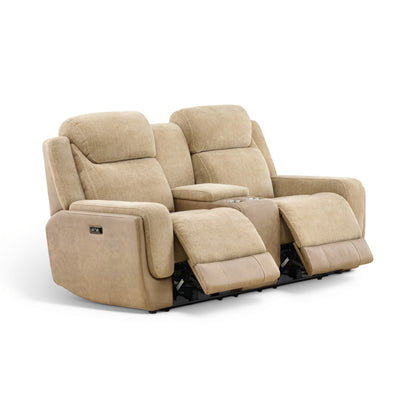 Sand power console loveseat, angled view with reclined seats and power control panel on left armrest.