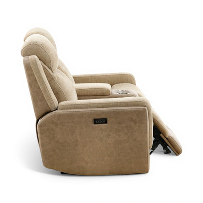 Sand power console loveseat, close side view with reclined back and dark power switch panel.