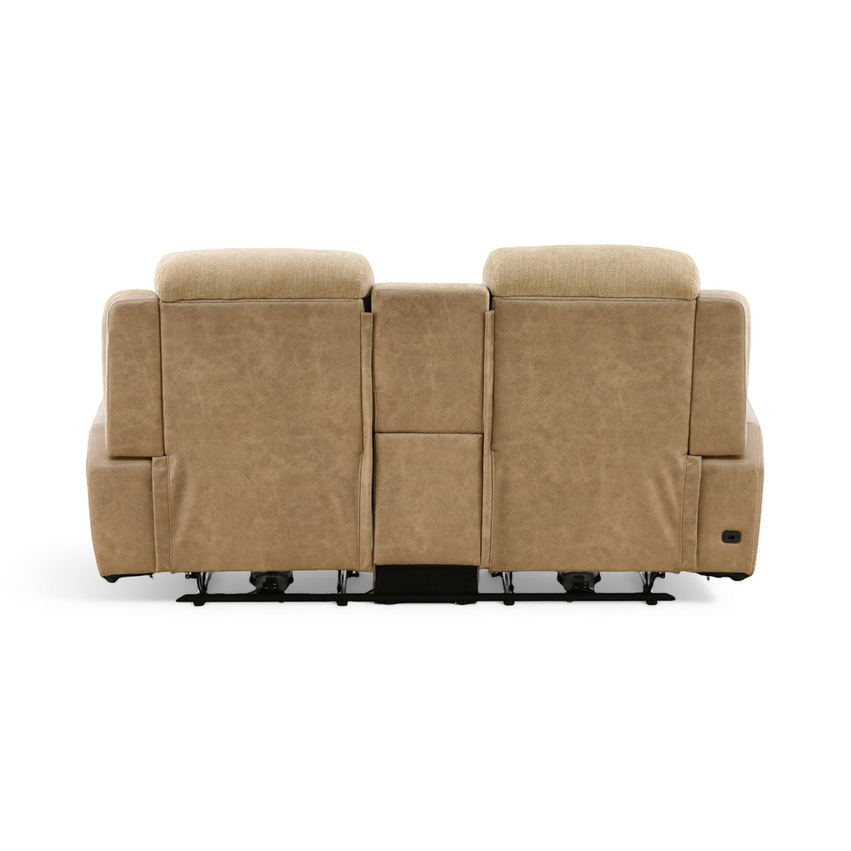 Sand power console loveseat, full back view with three back panels and side power control port.