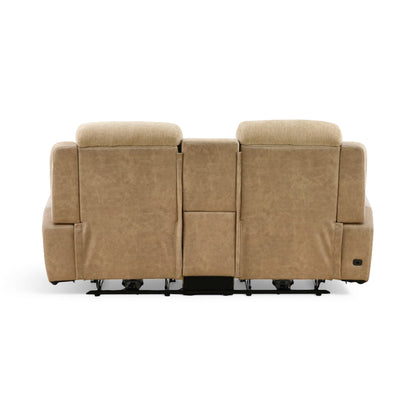 Sand power console loveseat, full back view with three back panels and side power control port.
