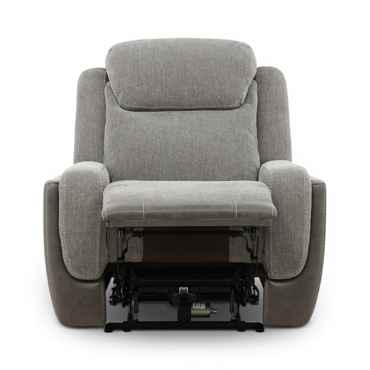 Grey power recliner front view with base mechanism visible under the seat for power lift.