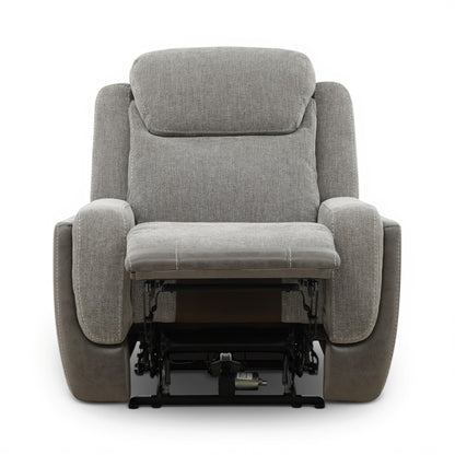 Grey power recliner front view with base mechanism visible under the seat for power lift.