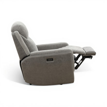 Grey power recliner chair shown from the side with extended footrest