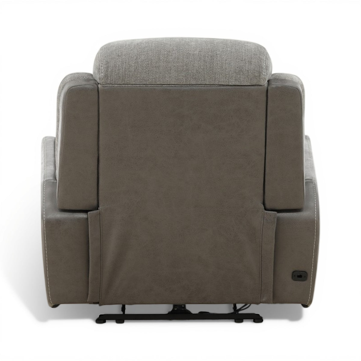 Grey recliner chair back view with headrest and padded side armrests