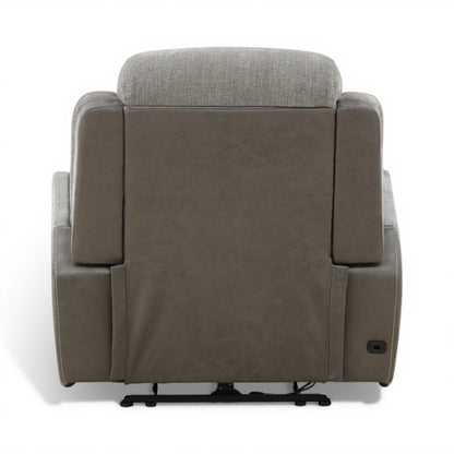 Grey recliner chair back view with headrest and padded side armrests