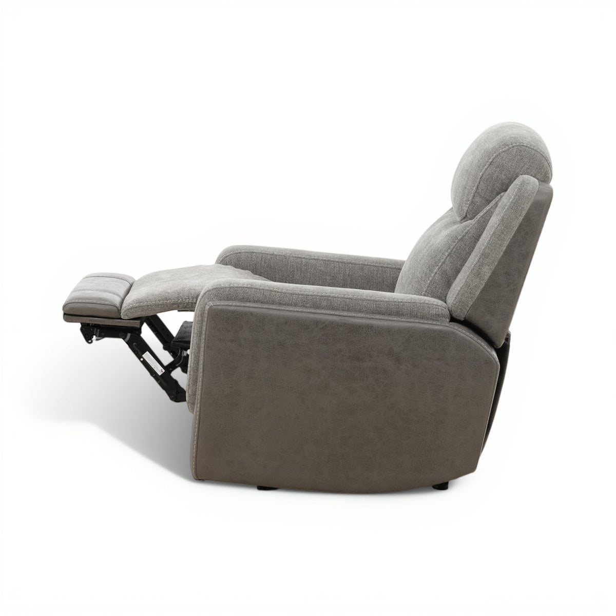 Grey power recliner chair with extended leg rest and adjustable footrest