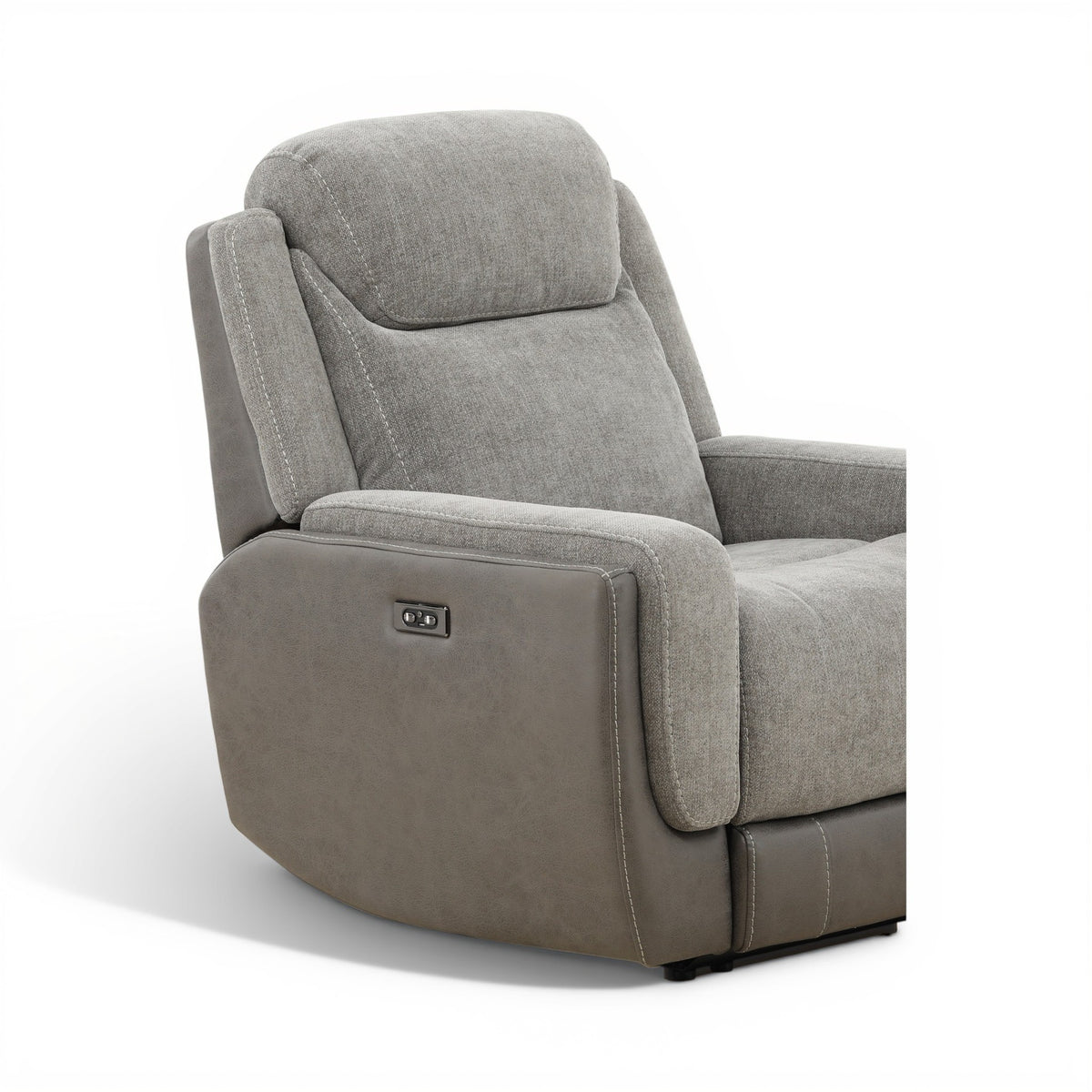Grey power recliner chair front view with control panel on the armrest