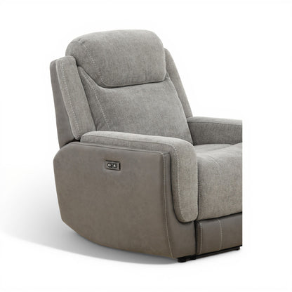 Grey power recliner chair front view with control panel on the armrest