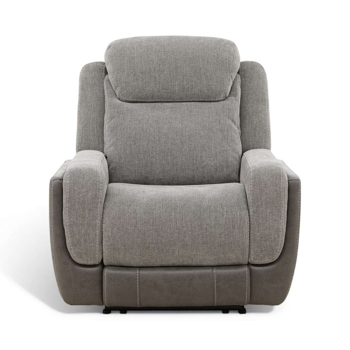Grey power recliner chair with padded arms, button-back seat, and retractable footrest.