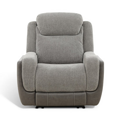 Grey power recliner chair with padded arms, button-back seat, and retractable footrest.