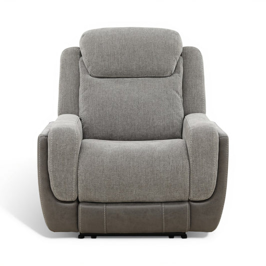 Grey power recliner chair with padded arms, button-back seat, and retractable footrest.