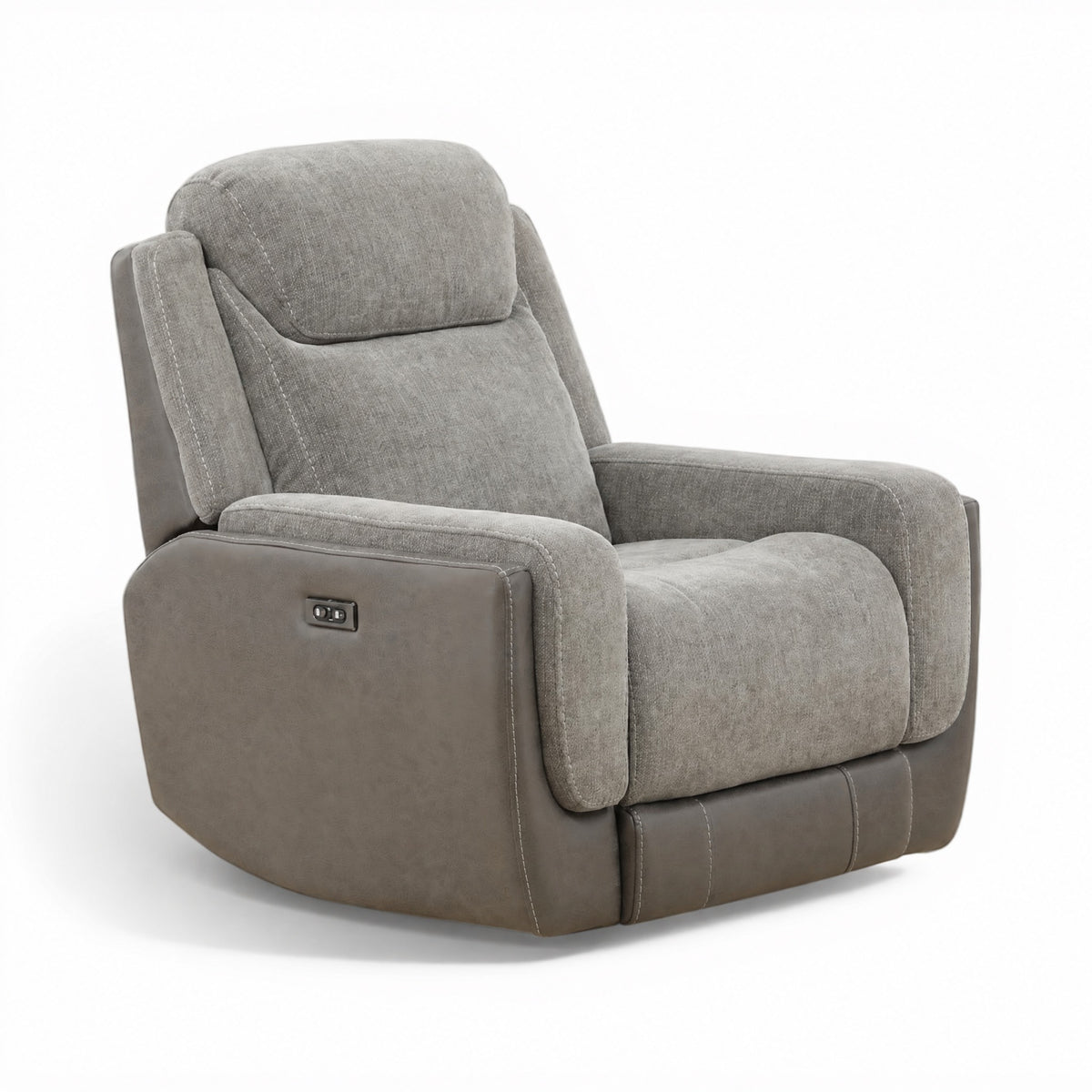 Grey power recliner in side view with tall backrest, padded armrests, and flat base.