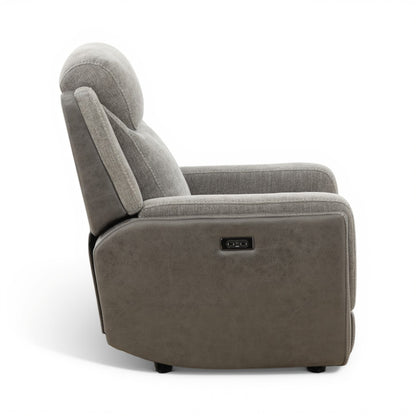 Grey power recliner viewed from the rear side with control panel on the side arm.