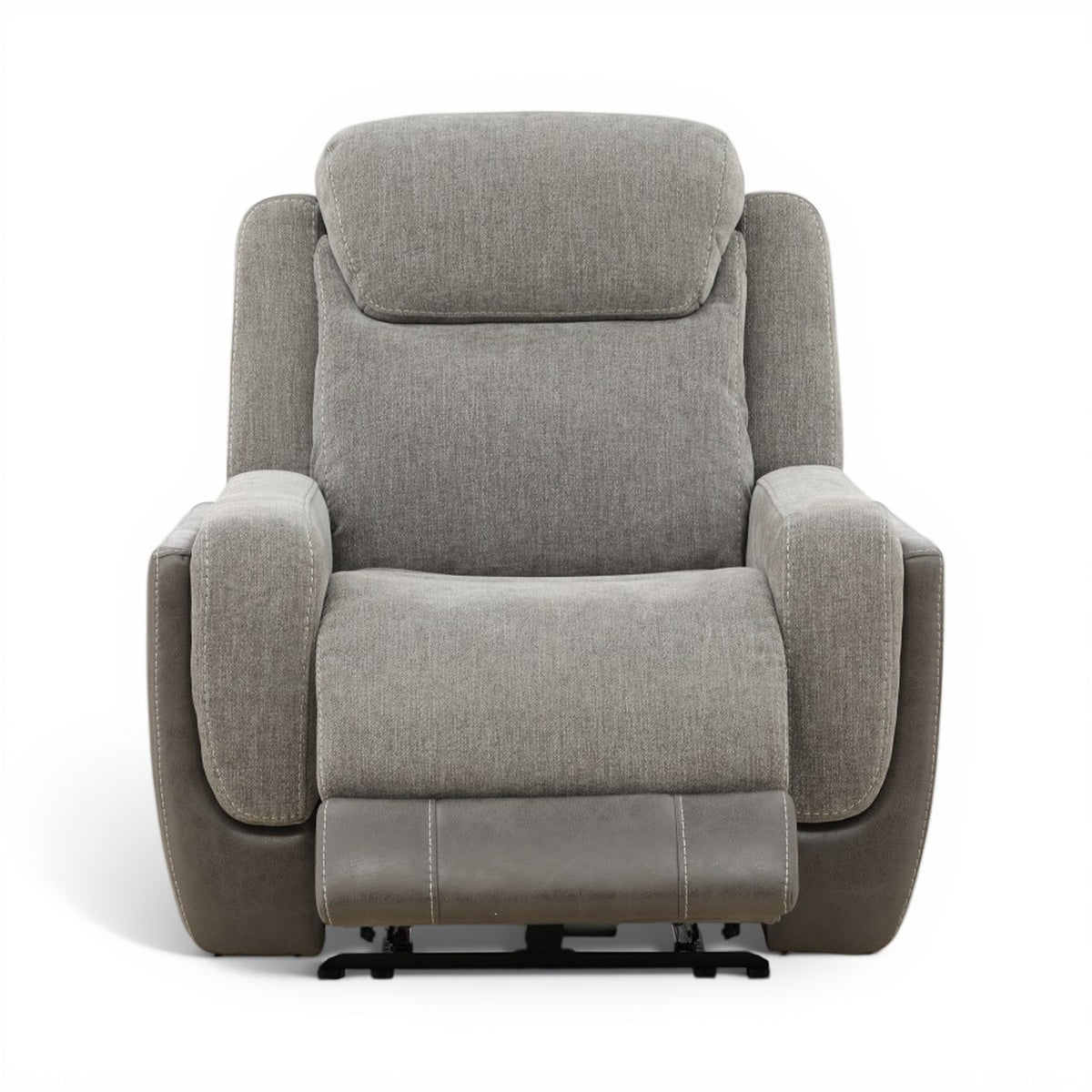 Grey power recliner front view with thick cushions and visible power-foot mechanism rails.
