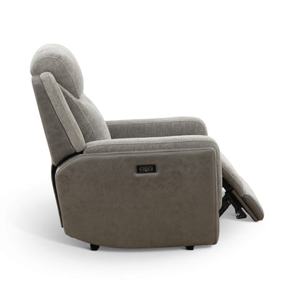 Grey power recliner from front-left angle with side control panel and footrest raised.