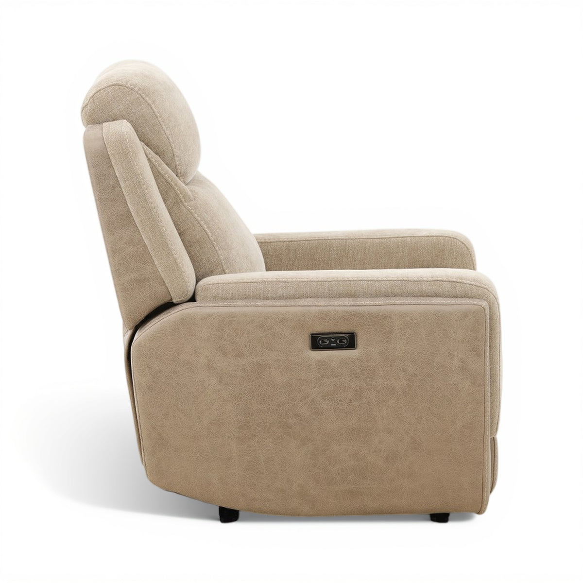 Sand fabric power recliner with rounded headrest and side control panel