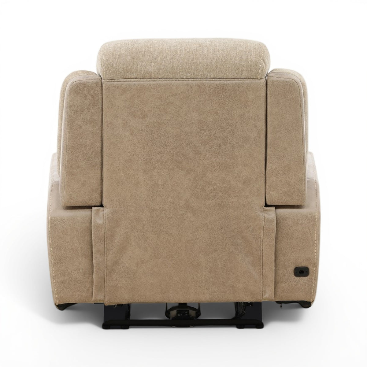 Sand fabric recliner with tall back, padded armrests, and side control button