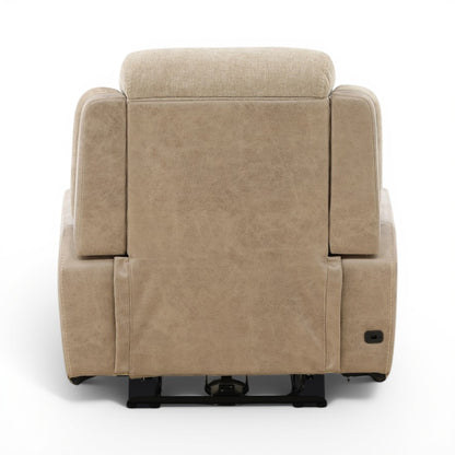 Sand fabric recliner with tall back, padded armrests, and side control button