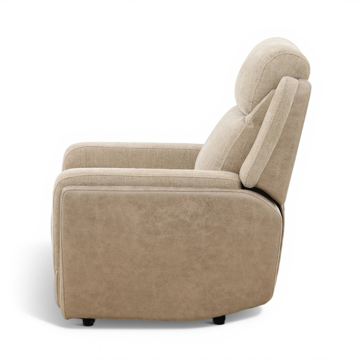 Sand fabric recliner with angled back and curved armrests