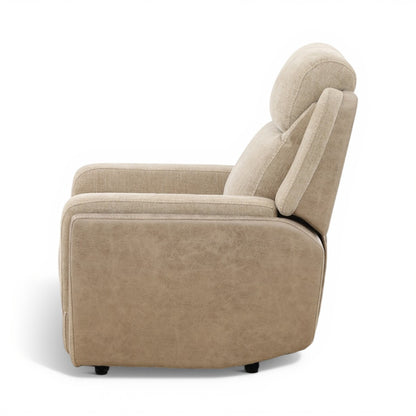 Sand fabric recliner with angled back and curved armrests