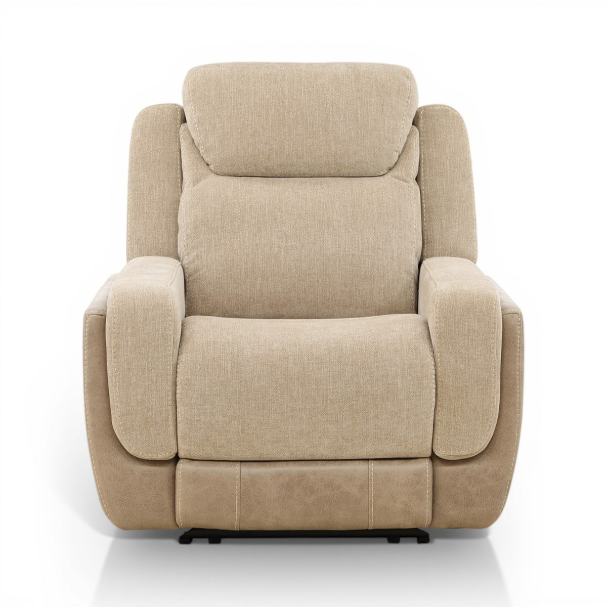 Sand upholstered recliner chair with high back and thick padded arms
