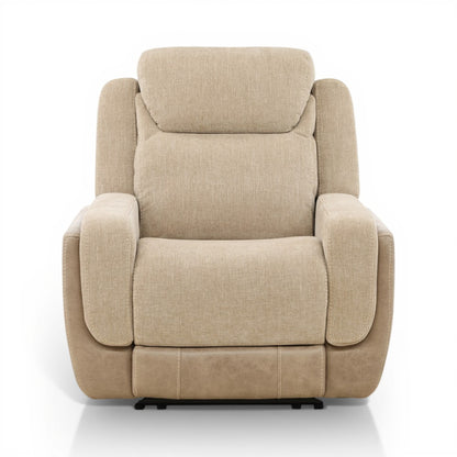 Sand upholstered recliner chair with high back and thick padded arms