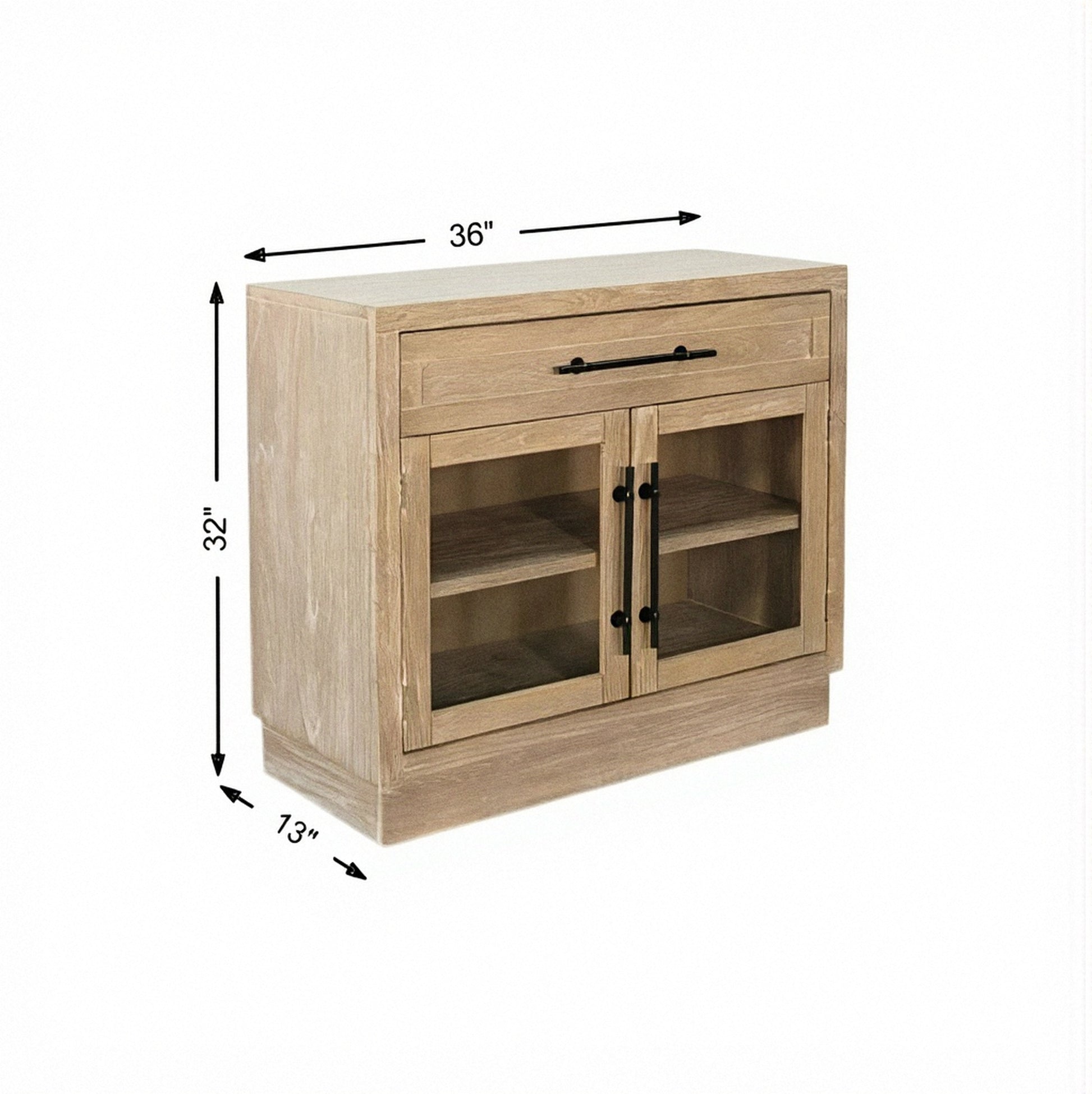 Light wood two-door cabinet with top drawer and black pulls, open shelving interior