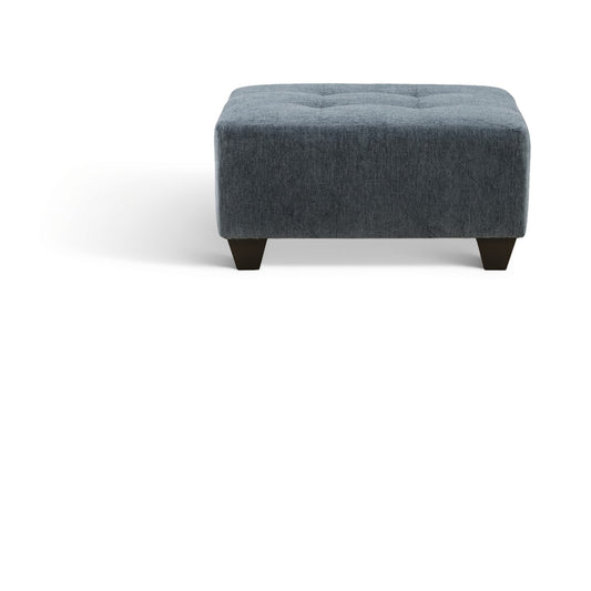 Tufted fabric ottoman in dark blue-gray with four tapered wooden legs