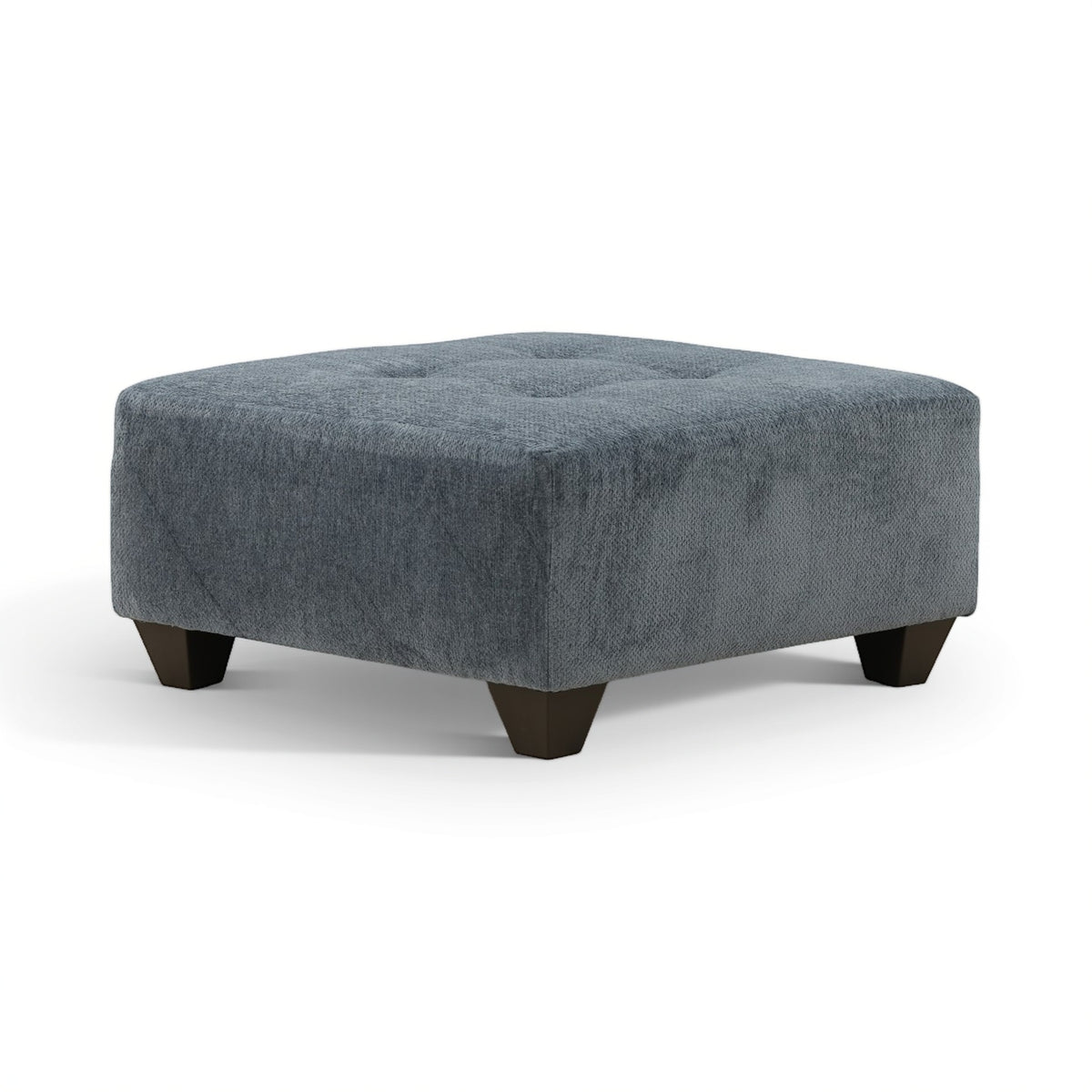 Square ottoman with tufted top, dark blue-gray upholstery, and wooden feet