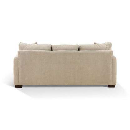 Parchment sofa chaise with upholstered arms and back cushions; no visible side pillows.