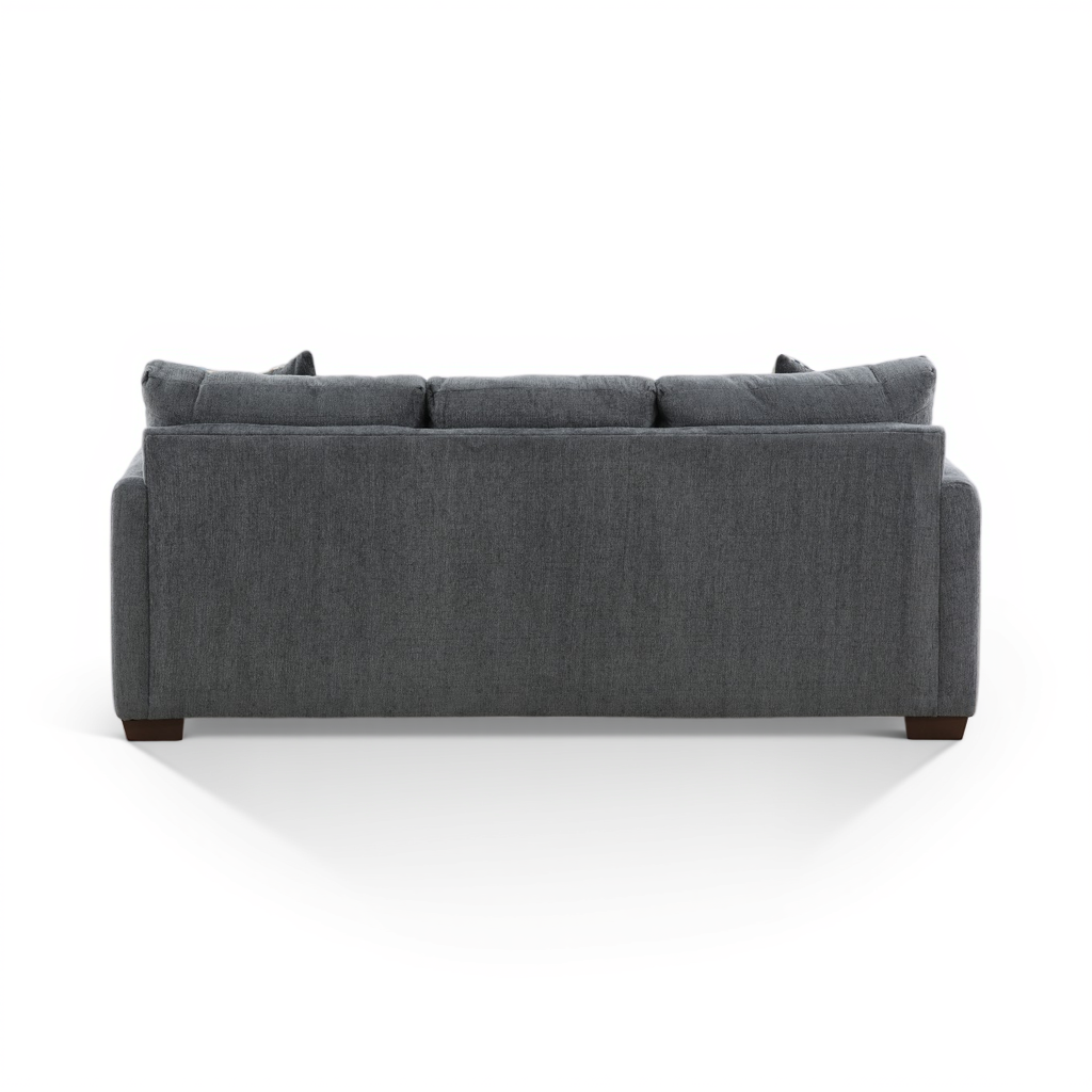 Charcoal sofa chaise, three-seat back with two small top pillows.