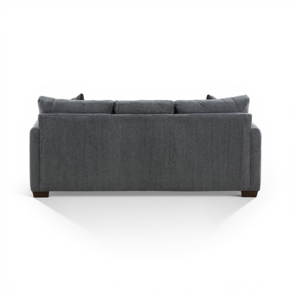 Charcoal sofa chaise, three-seat back with two small top pillows.