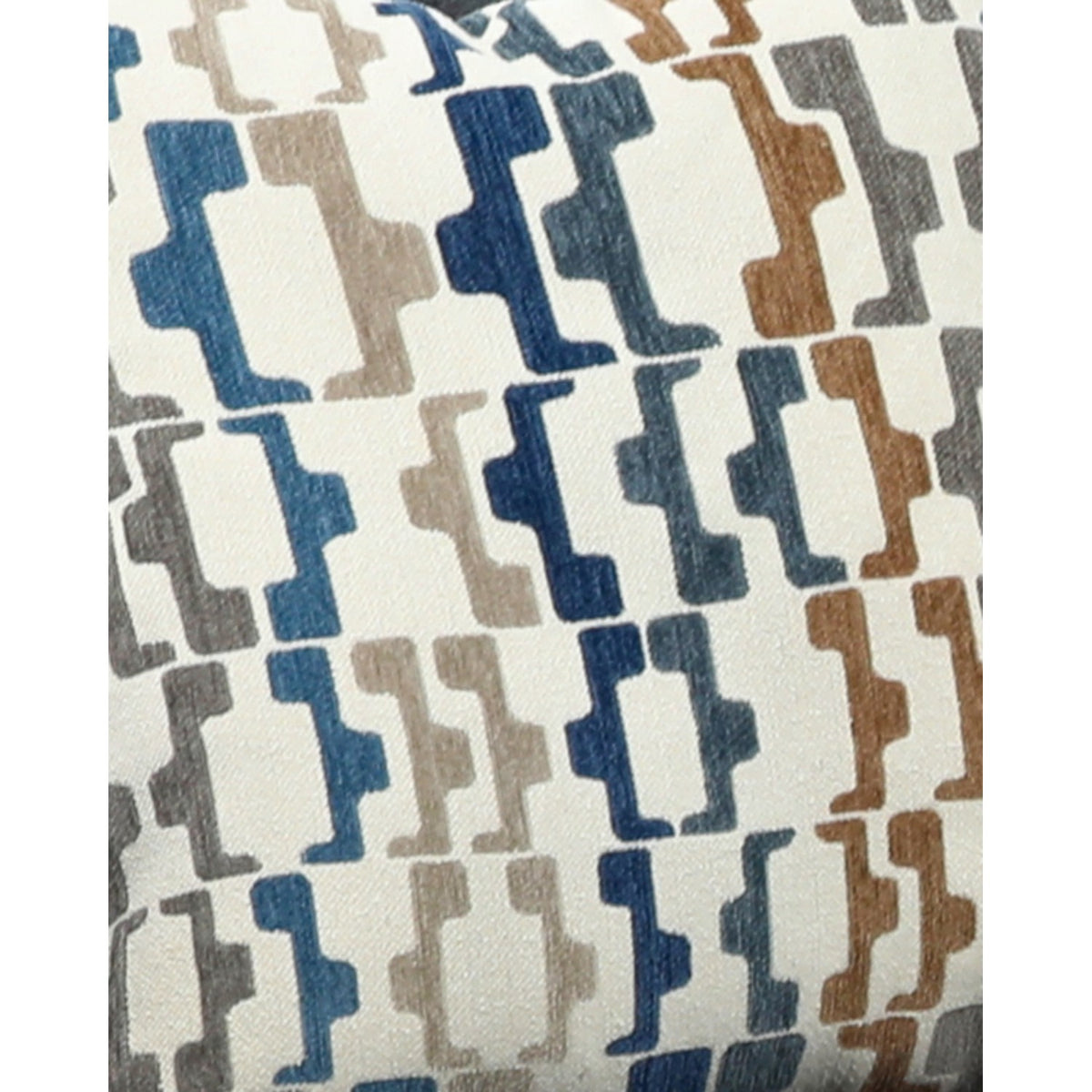 Blue, brown, and white geometric pillow cover close-up