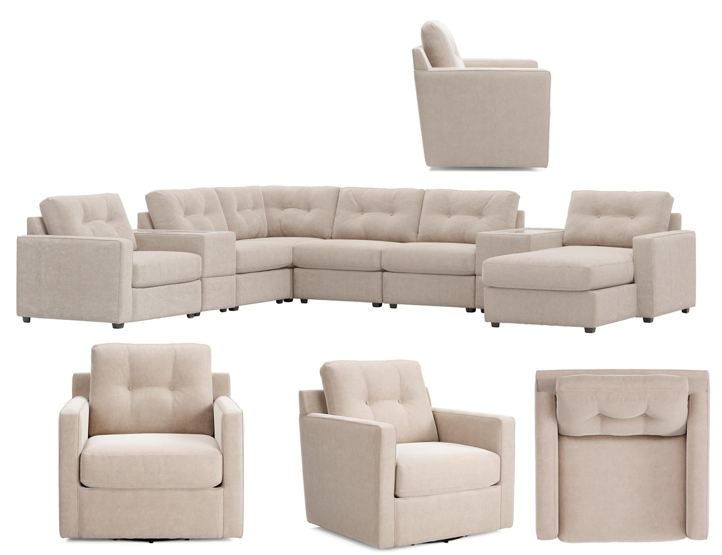 Light beige modular sectional seating with multiple upholstered chair sections