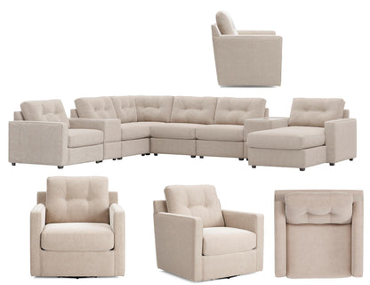 Light beige modular sectional seating with multiple upholstered chair sections