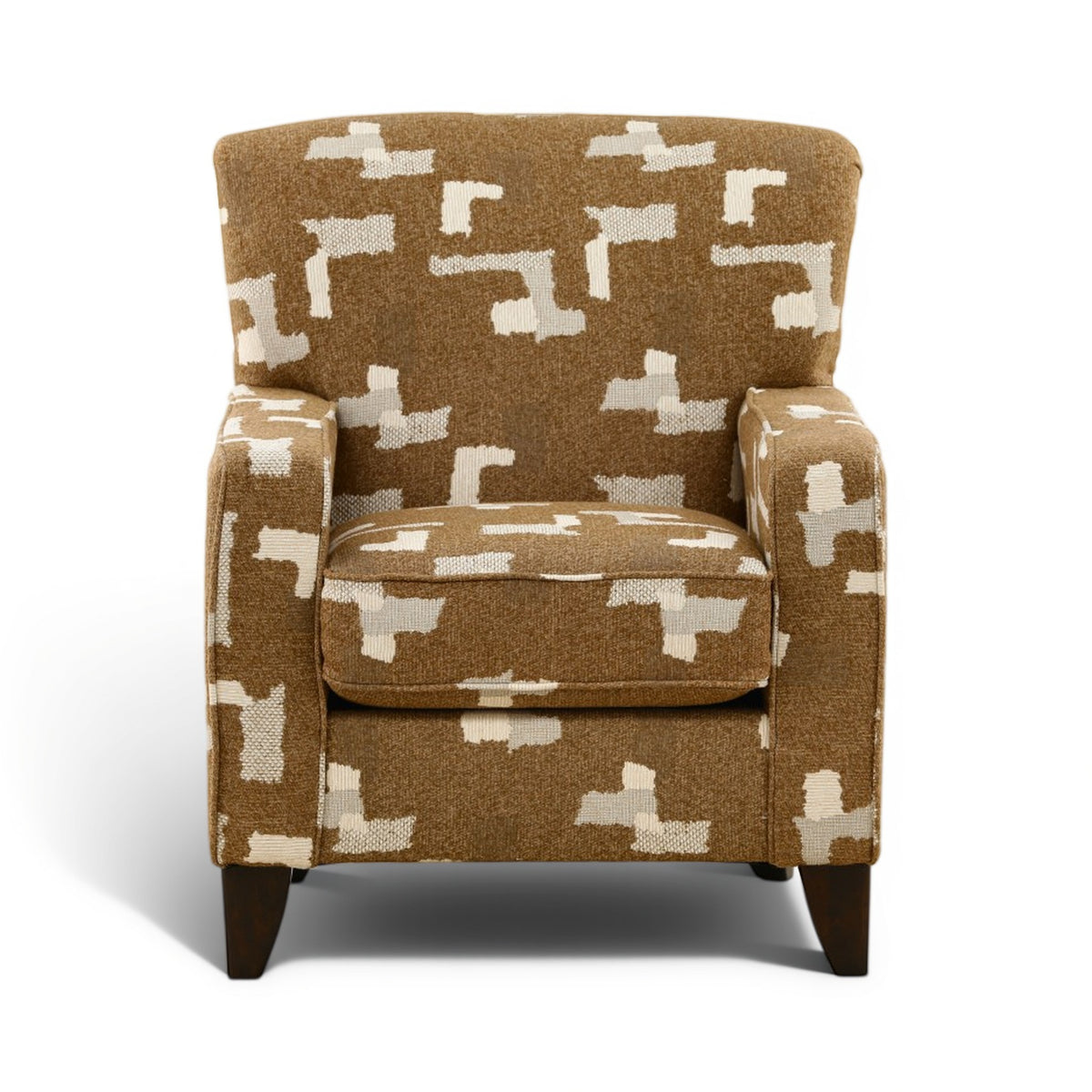 Accent chair with brown and cream geometric-pattern upholstered arms and seat
